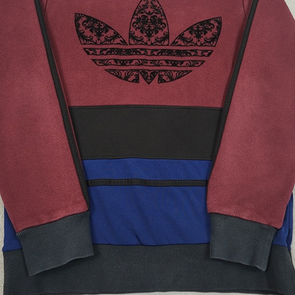 Adidas Originals Sweatshirt Mens S Burgundy Baroque Flocked Trefoil Colorblock - Picture 3 of 11
